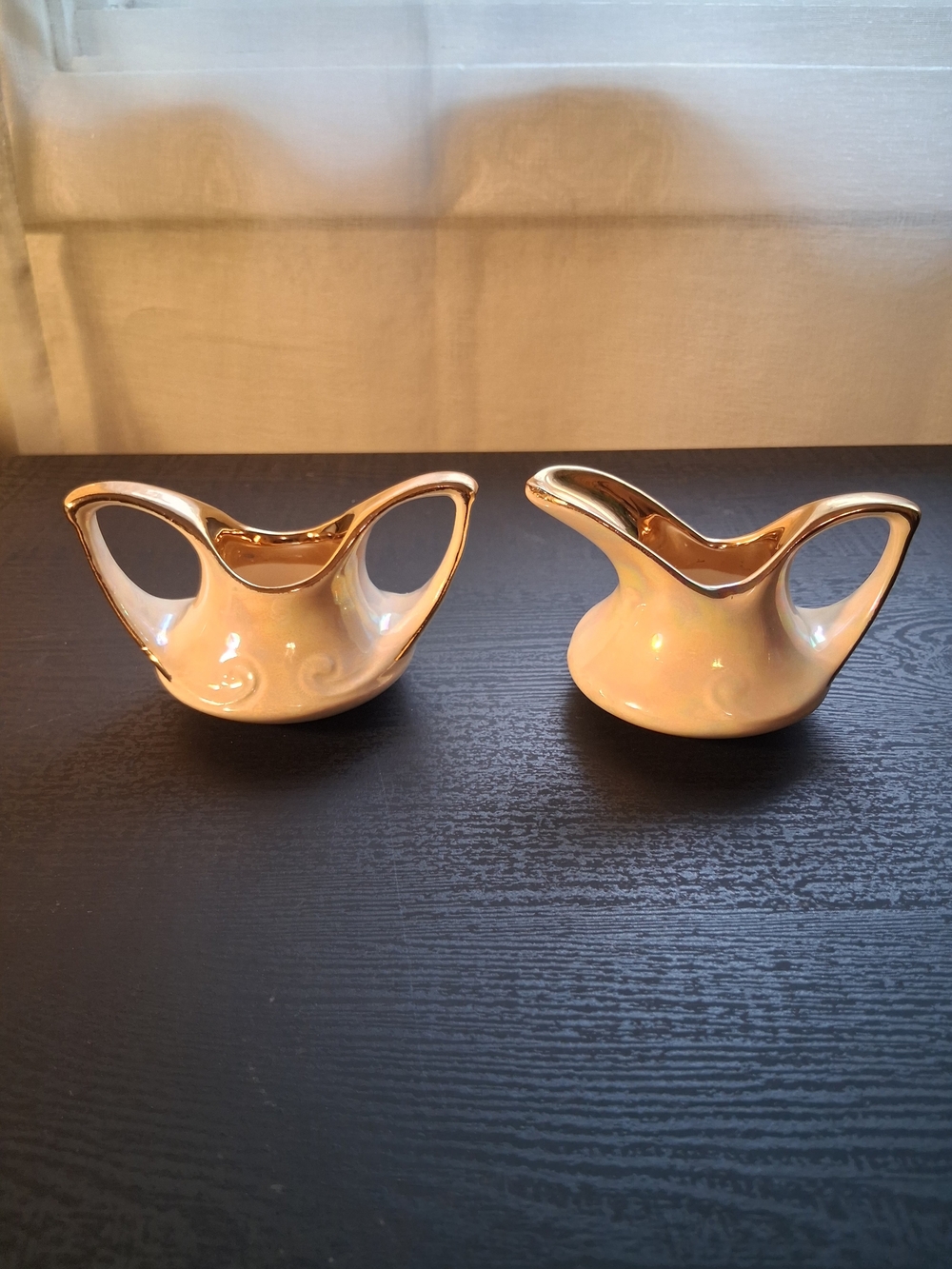 Vintage Iridescent Ceramic Sugar and Creamer Set with Gold Trim